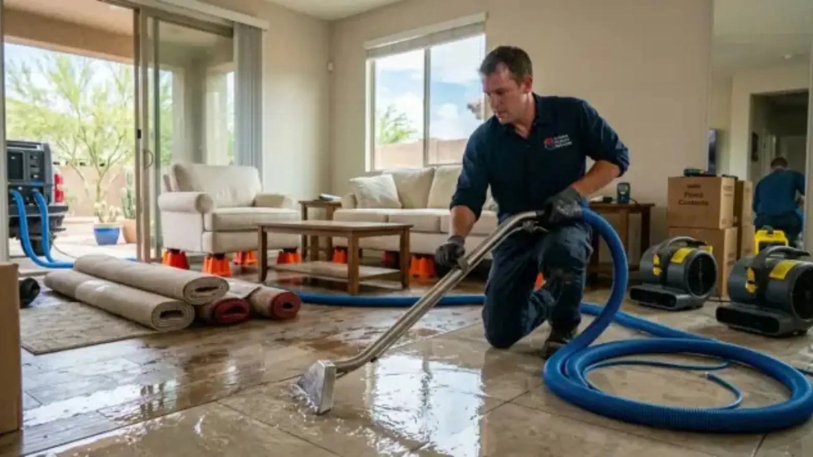 Technician extracting water from a wet living room floor with a hose wand while air movers run